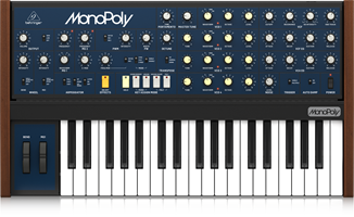 Behringer MonoPoly synthesizer -  Analog 4-Voice Polyphonic Synthesizer with 37 Full-Size Keys, 4 VCOs, VCF, 2 LFOs, 2 Envelopes, Sync and Cross Modulation and Arpeggiator.  